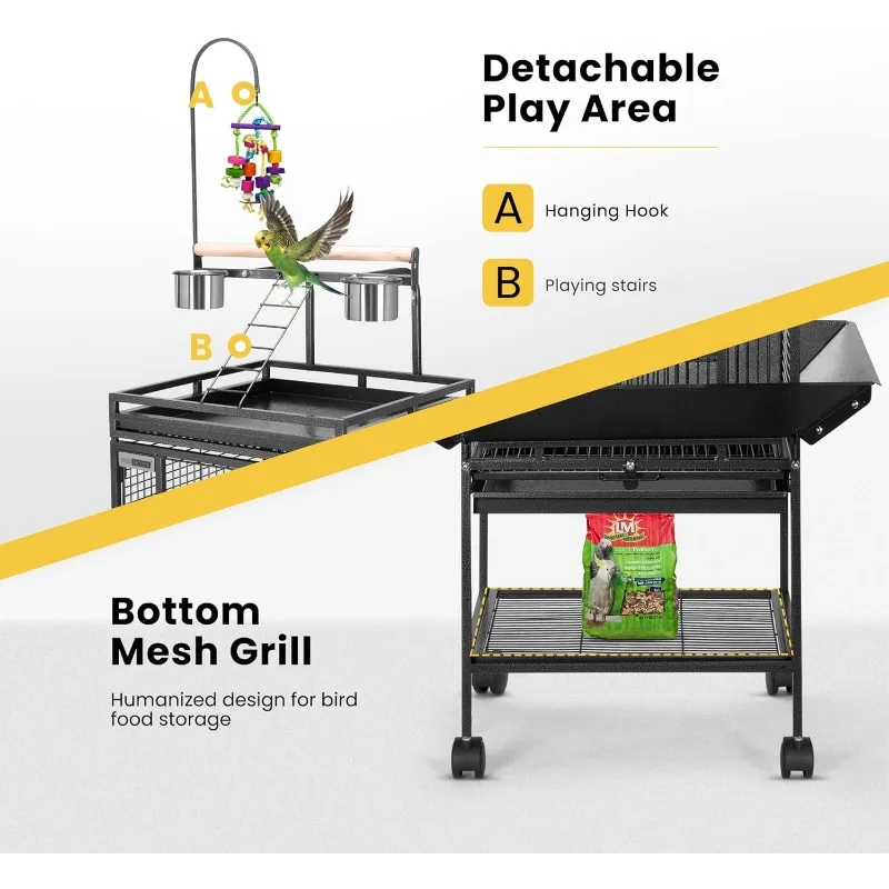 72 Inch Wrought Iron Large Bird Cage with Play Top and Stand for Parrots Lovebird Cockatiel Parakeets Black