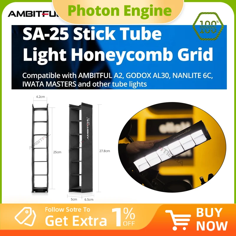 

AMBITFUL SA-25 Kit Stick Tube Light Honeycomb Grid Softbox for AMBITFUL A2 Godox TL30 Nanlite 6C Stick Tube LED Light
