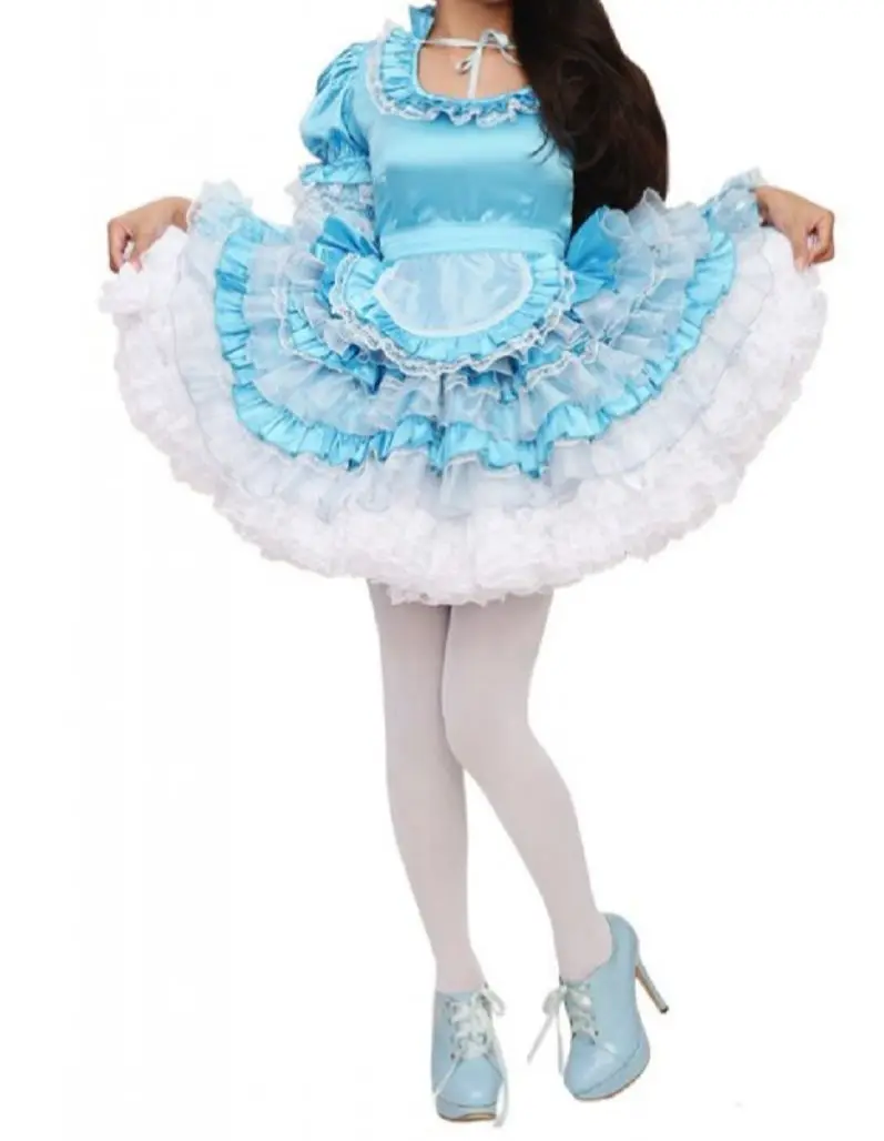 

French Sexy Lockable Sissy Blue Satin Bandage Multilayer Independent Apron Fluffy Dress Maid Costume Customization