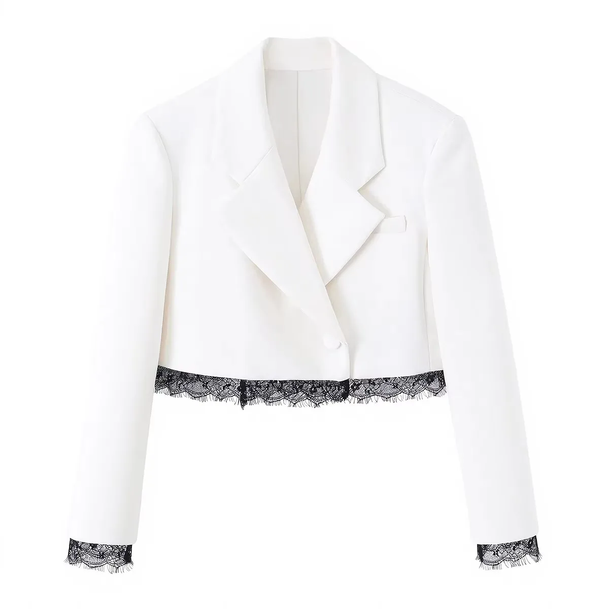 HH Damen Romantischer Spitzenbesatz Cropped Blazer Klassischer Revers-Einknopf-Mantel Mode Party Freizeit Urlaub Langarm-Jacke – Detail 2