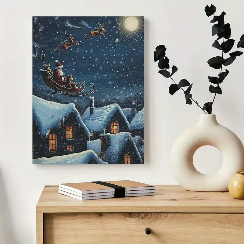 Peinture de bureau de Noël éclairée par fibre optique, affiche de scène d'hiver, peinture sur toile, père Noël, cadre photo en traîneau, 1PC