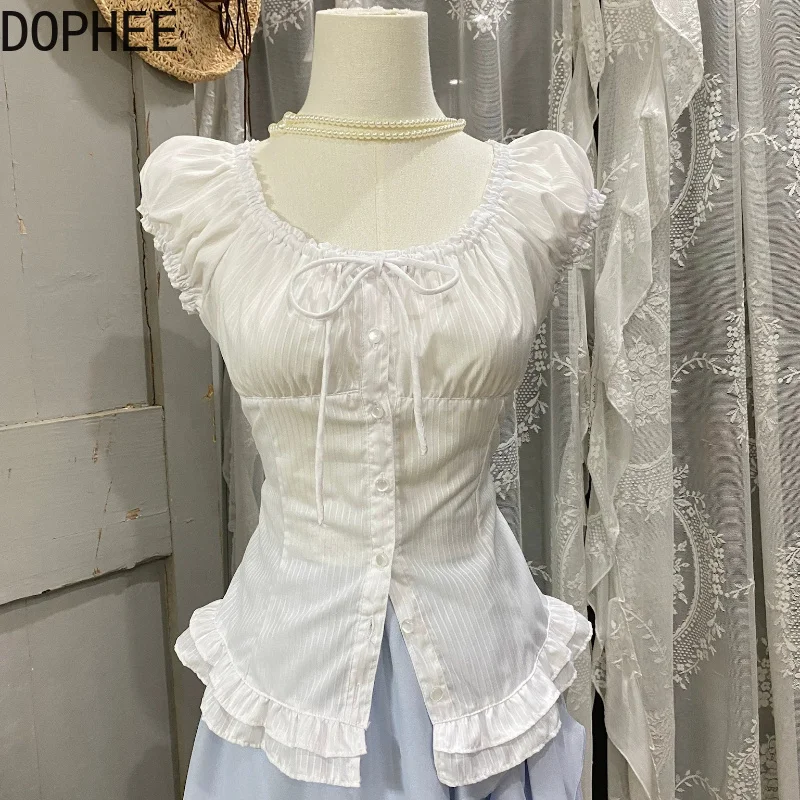 Age Reduction New Spring Summer Vintage Puff Short Sleeve Women Shirts Round Neck Drawstring Solid Color Slim Cotton Sweet Tops