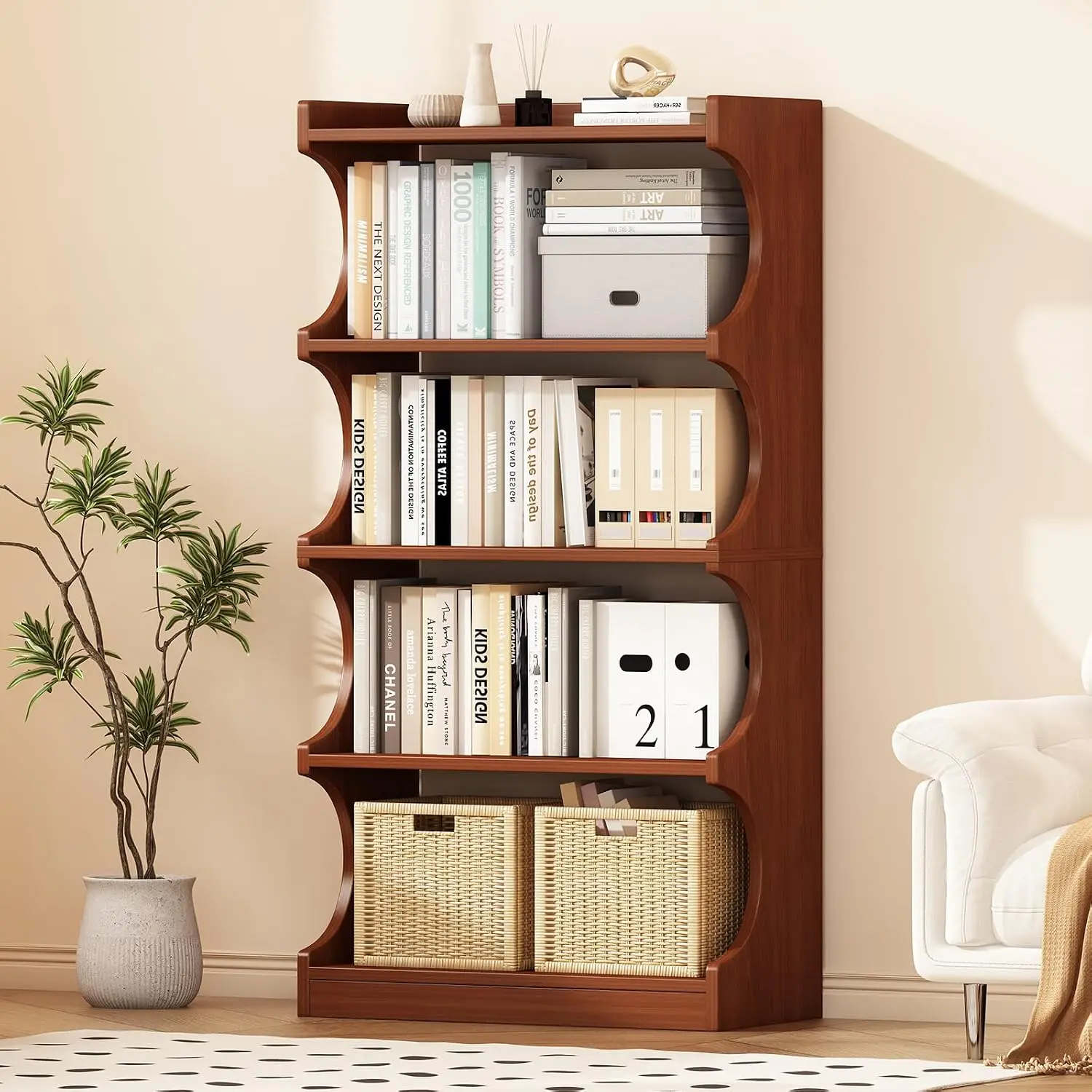 Arched Bookshelf 4 Tier 54.3 Inch Tall Walnut Finish Storage Display Organizer Living Room Office Bedroom, Customized