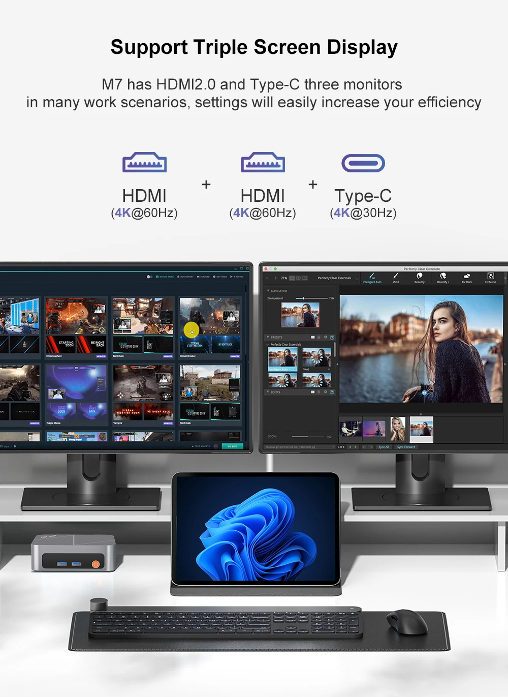 Ninkear M7 Mini PC (Intel Core i7-1185G7, 16GB RAM, 512GB SSD) — Supports triple-display output, 4K, Wi-Fi 6, Bluetooth 5.2, dual HDMI, and Type-C ports; pre-installed with Windows 11 Pro (Business Desktop PC)