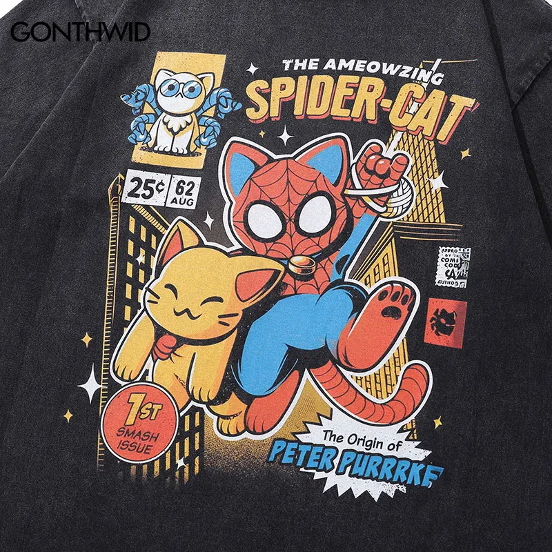 Vintage Black Oversized T-Shirt Funny Spider Cartoon Cat Graphic Print Washed Tshirt Streetwear 2024 Harajuku Hip Hop Punk Tops