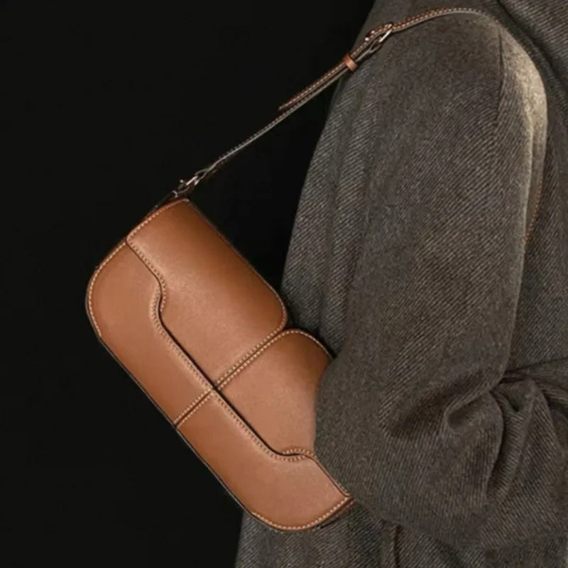 

French Designer Genuine Leather Baguette Bags Luxury Woman Smooth Cowhide Handheld Shoulder Bag Chic Commute Versatile Hobo Bags