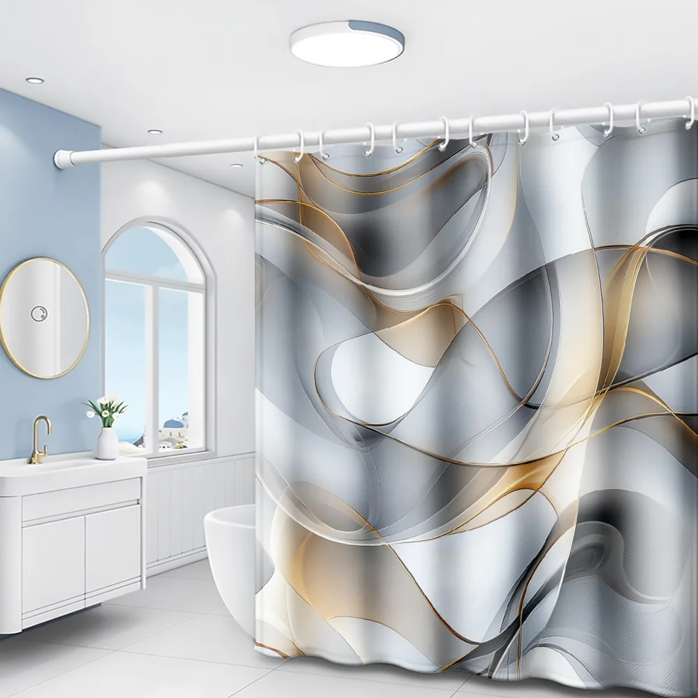 1pc Modern Art Gray and Golden Flowing Lines Print Shower Curtain, Minimalist Art Style Bathroom Home Decor with Plastic Hooks,