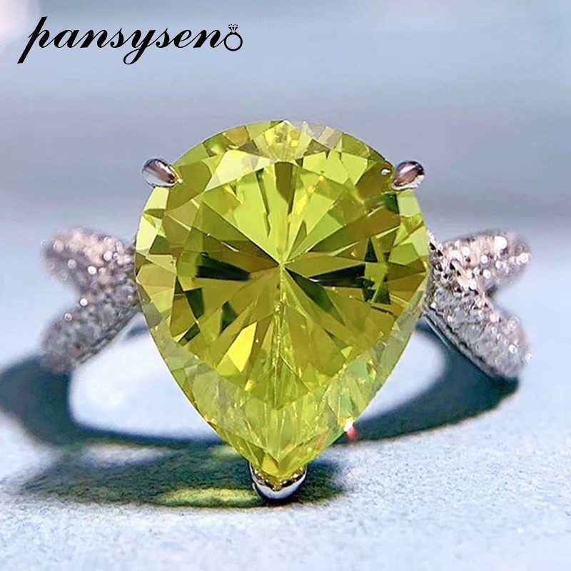 

PANSYSEN New Luxury 100% 925 Sterling Silver 10*12MM Peridot High Carbon Diamond Gemstone Finger Ring Wedding Party Fine Jewelry