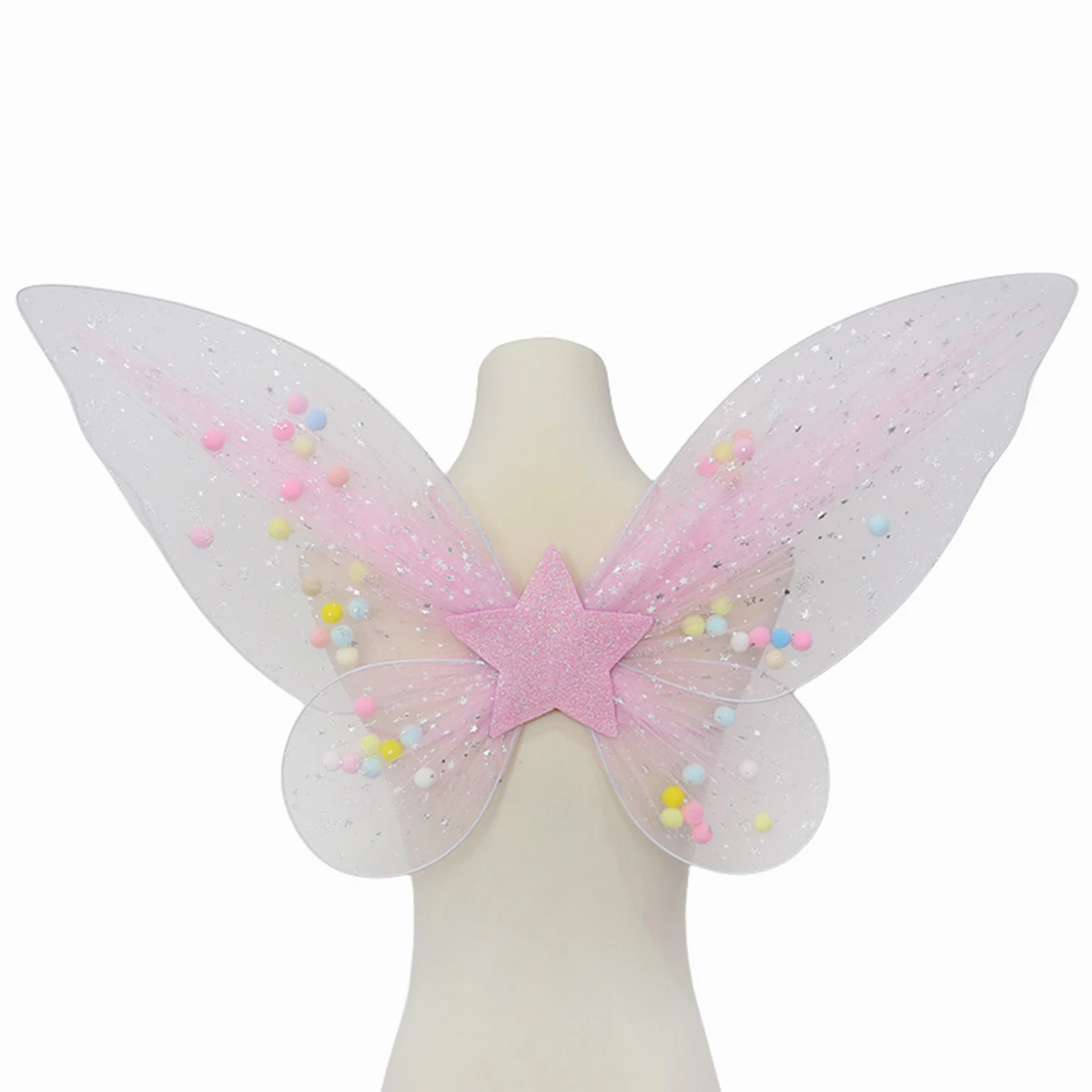 Butterfly Wings with Elastic Shoulder Straps Pompom Balls Shiny Star Flimsy Sheer Fairy Wings for Kids Girls Party Accessory