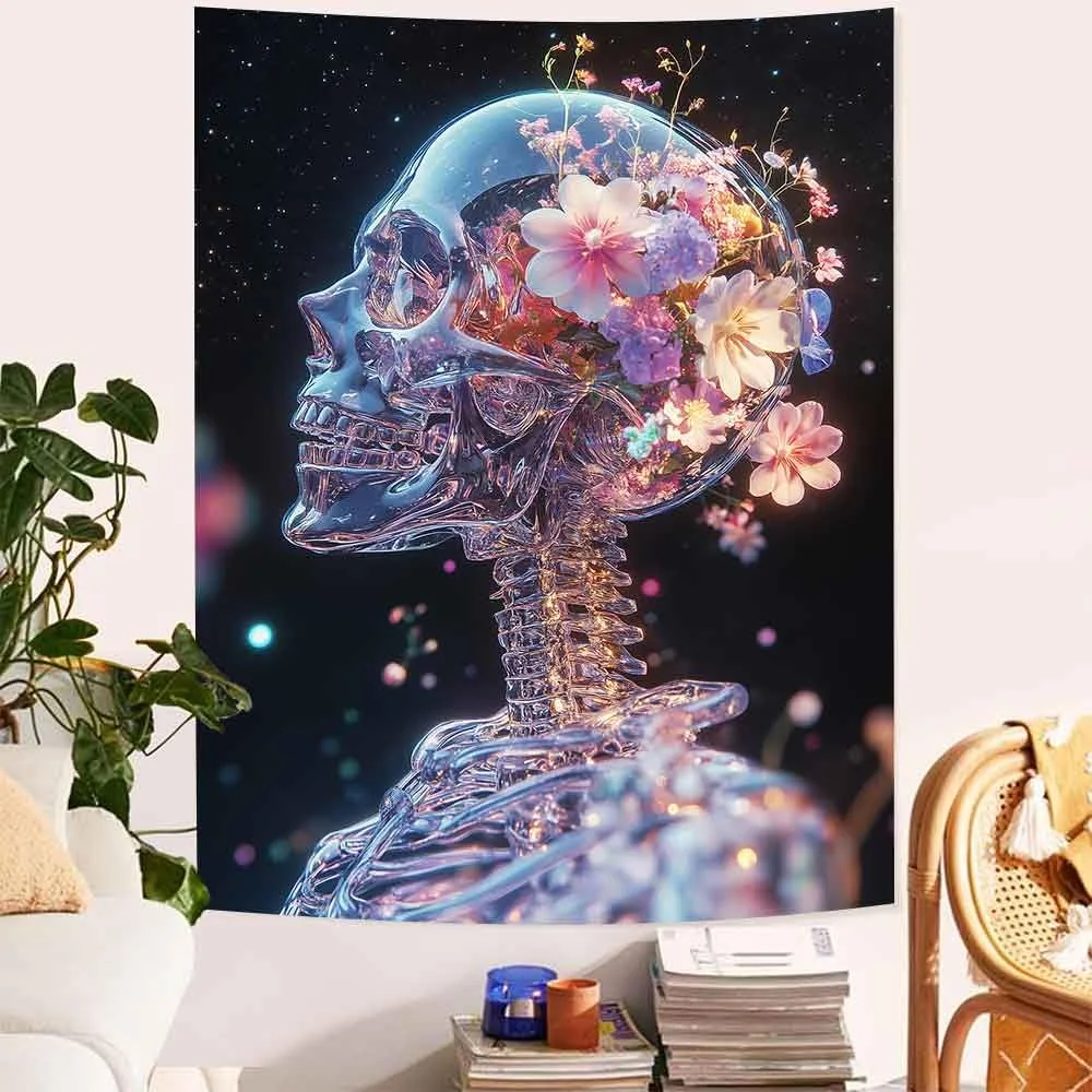 

Гобелен VIKAMA с кристаллическим черепом и звездным небом, с цветочными мотивами внутри черепа, настенный декор для спальни, гостиной и общежития