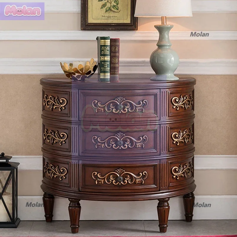 

European semicircular entrance table American rural three-bucket cabinet solid wood curved entrance cabinet drawer storage