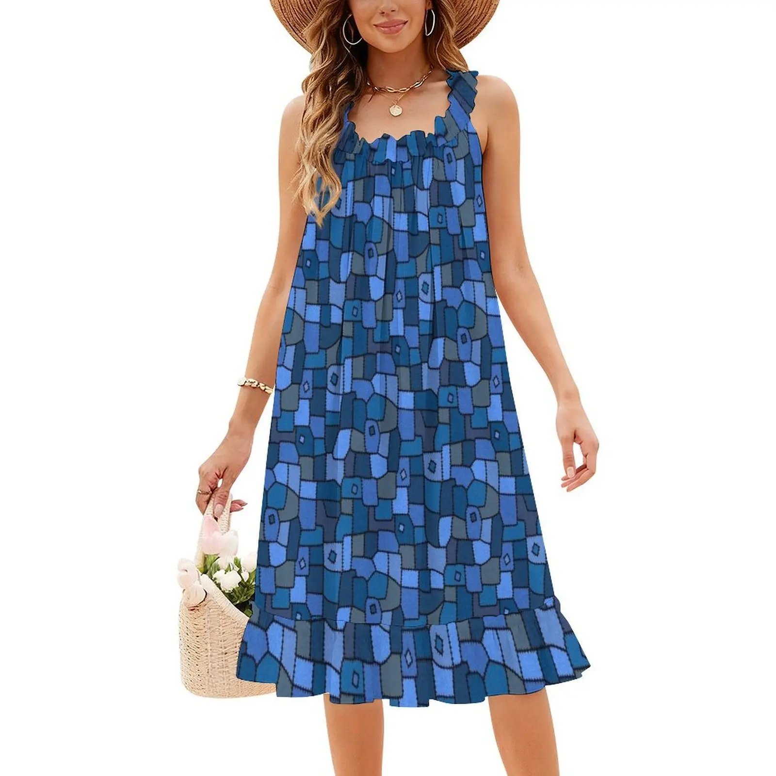 لحاف مرقع / / ظلال من فستان بوهيمي أزرق بدون أكمام للنساء مطبوع فساتين حفلات الشاطئ نمط تكرار ظلال لطيفة من