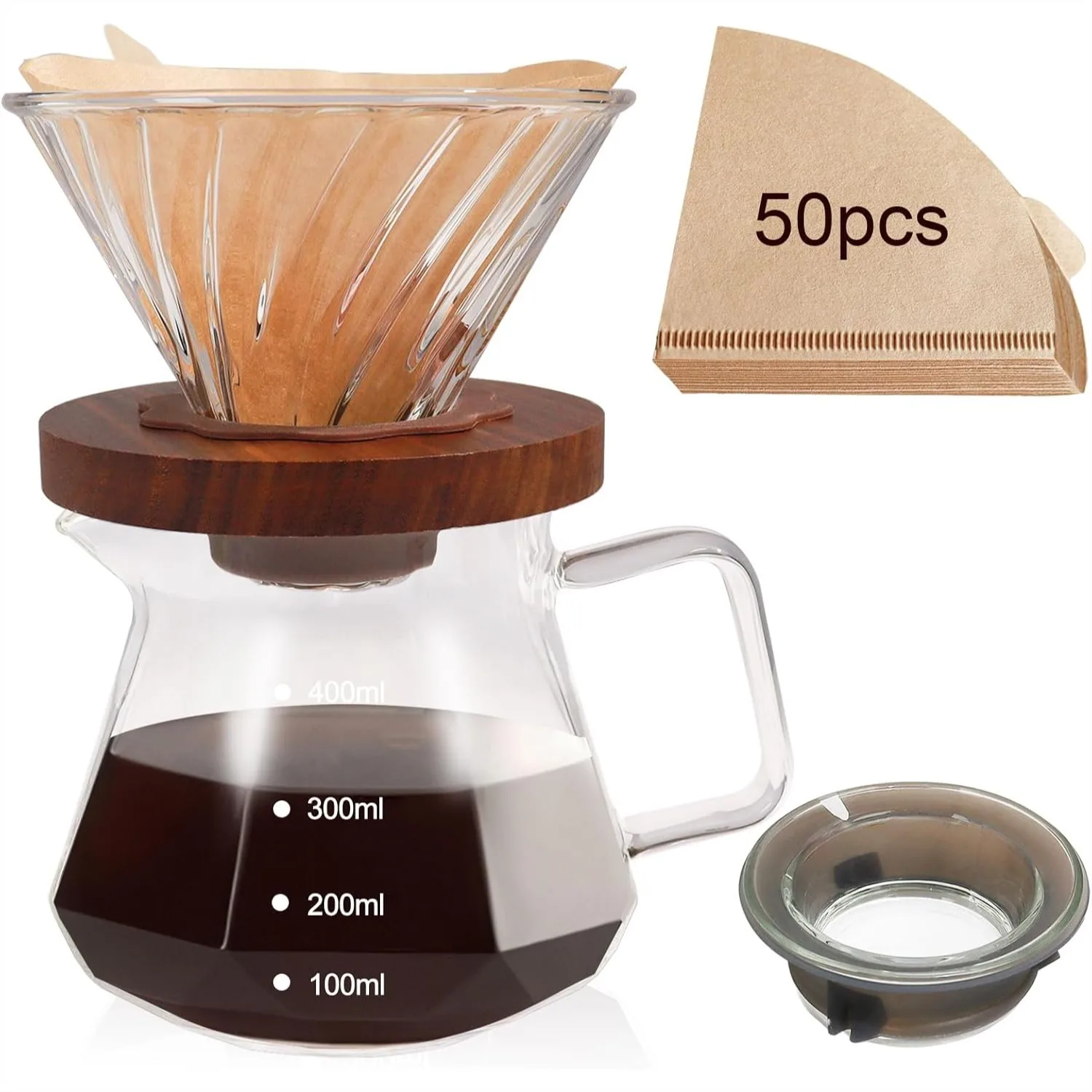 Cafetière à filtre 400 ml en verre borosilicate 13,5 oz avec base en bois de noyer, 50 filtres inclus pour une préparation quotidienne