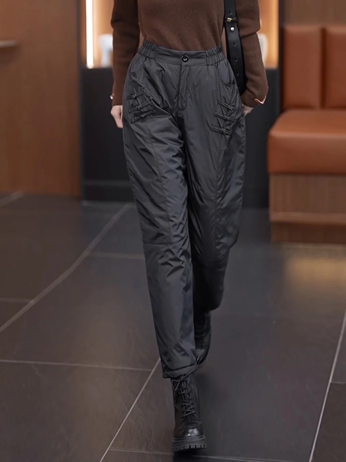 Lightweight down Cotton Pants for Women Winter High Waist Straight Leg Harlan Boot Trousers Anti Wind Warm Button Detail