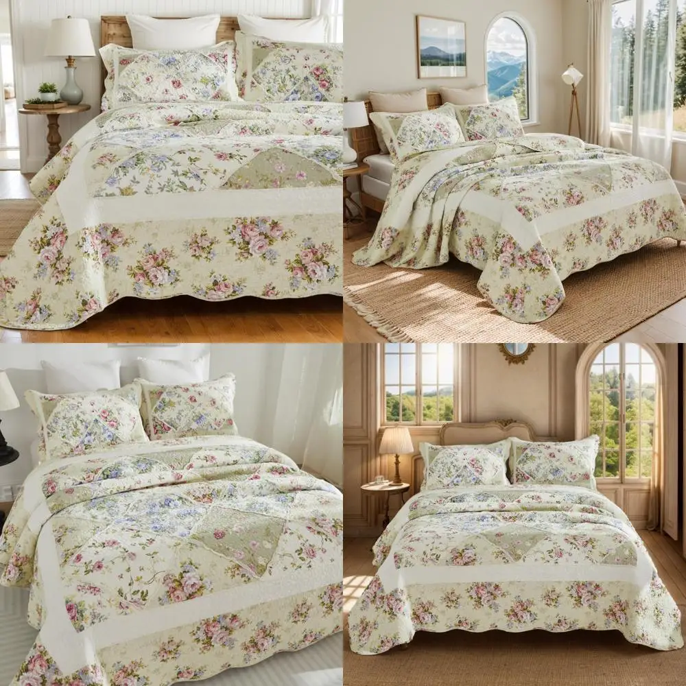 

Cotton Patchwork Quilt Set - Queen Size, Country-Style Rose Floral Bedding, 3-Piece in Light Yellow