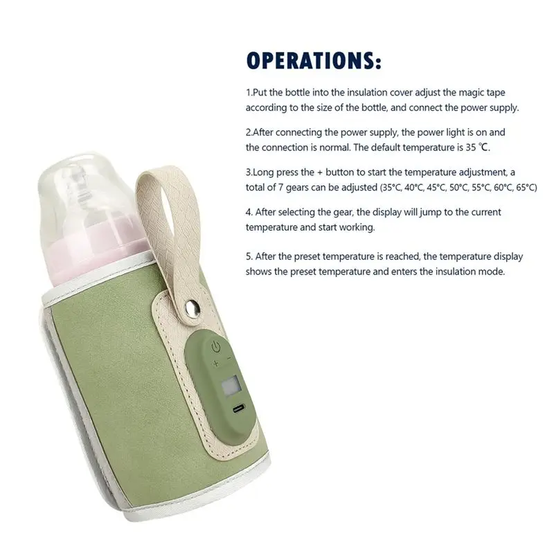 B78B-Insulated Baby Bottle Warmer Bag For On-The-Go, USB-Powered, Portable Milk Heater, Green