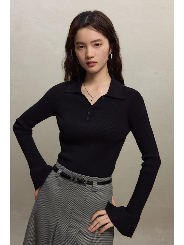 ZIQIAO Soft Sense Retro Style Polo Lapel Pullover Sweaters for Women Early Winter New Bell Sleeve Design Slim Sweater Female