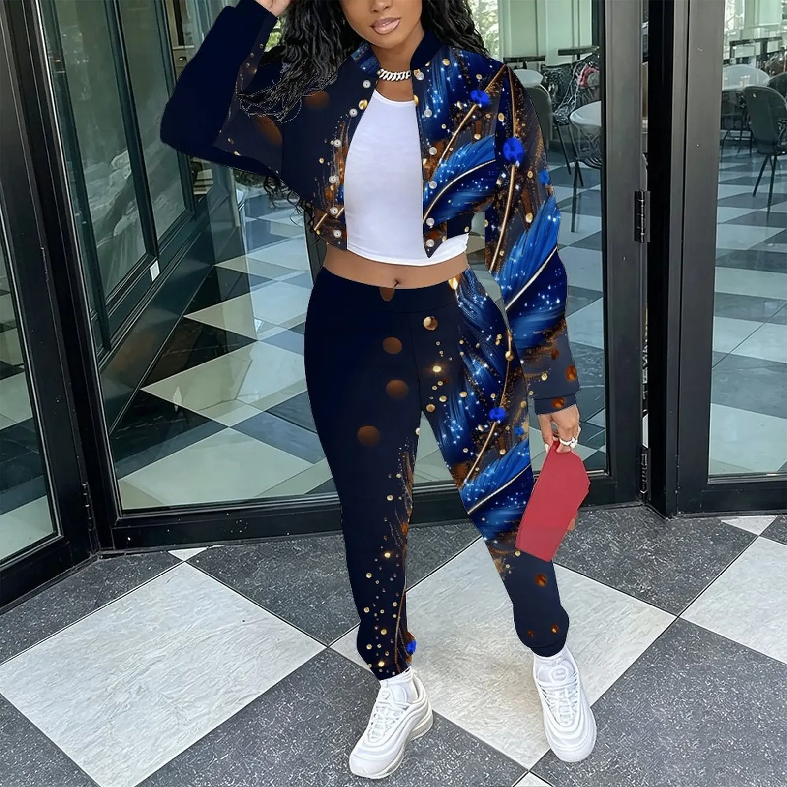 Female Elegant Sexy 2‑Piece Outfit Retro Slim Fit Long Sleeve Jacket   Everyday Commuting Vacation Fashion Long Pants