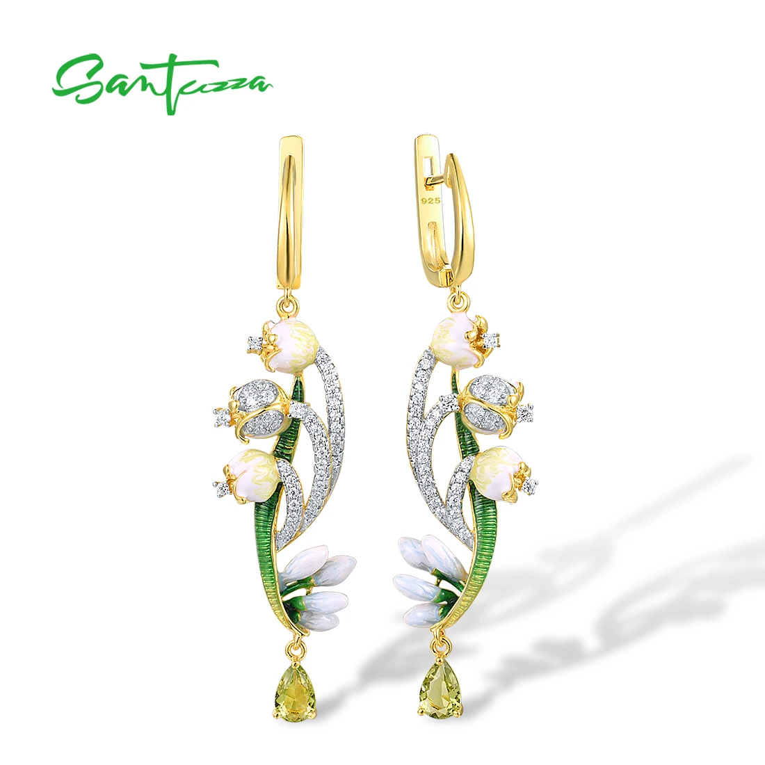 

SANTUZZA Pure 925 Sterling Silver Drop Earrings For Women Sparkling Green Stones White CZ Enamel Flower Fine Jewelry Handmade