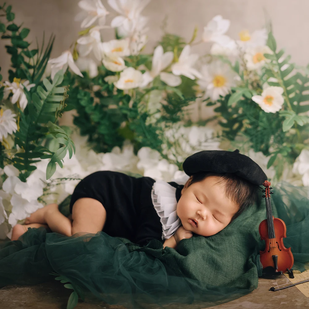 0-1 Month Newborn Costume Photography Props Lace Collar Baby Bodysuit Beret Set Violin Props Studio Forest Style Art Photo Props