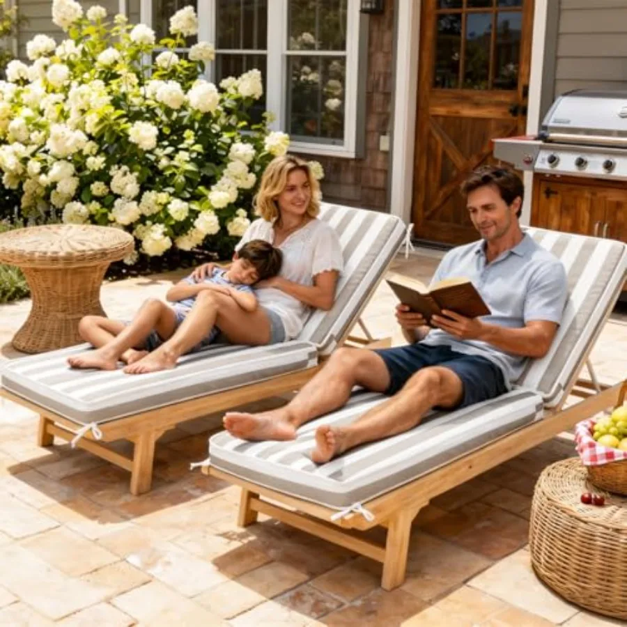 Patio chaise lounge cushion for outdoor use olefin fabric in tan cabana stripe water-resistant and thick with 4 straps 72 x 21 view 6
