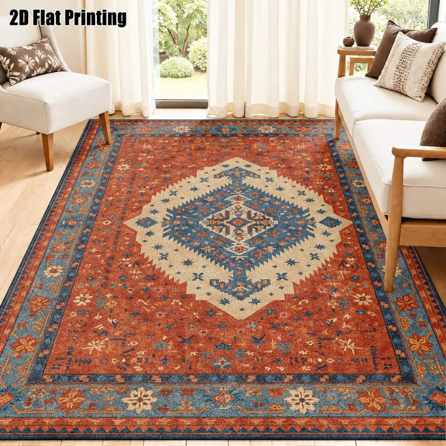 1Pc 2D Printed Carpet: Red Base, Blue-White Geometric Patterns, European/Vintage/Bohemian Style, Machine Washable, Multi-Size, Multi-Scene Home Decor