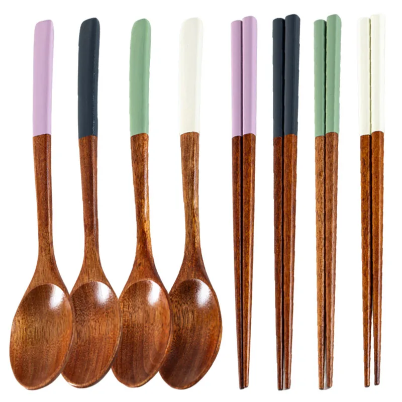 8pcs/set Natural Lacquer Wooden Spoon Chopstick Kits Colored Long Handle Dinnerware Sets Restaurant Home Kitchen Cutlery Set