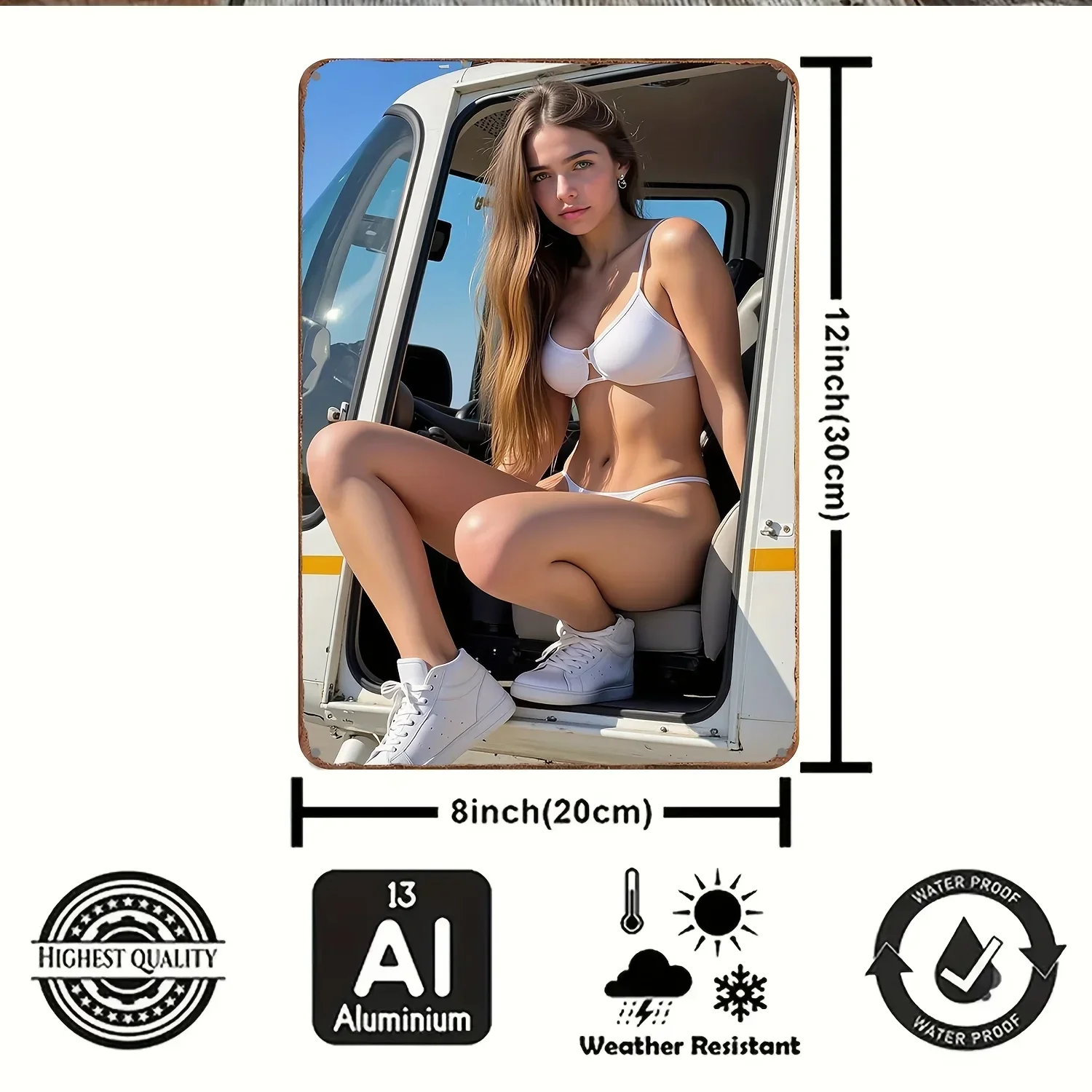 Vintage Aluminum Metal Sign—Wall Art Featuring a Blonde Beauty in White Lingerie and a Truck Scene