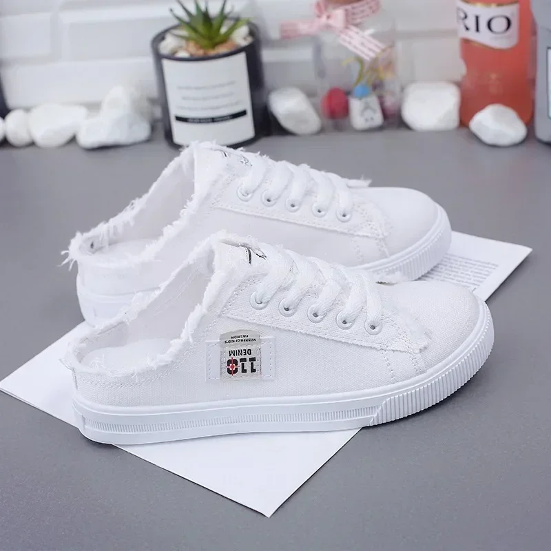 

Womens Half Slipper Sneakers Comfortable Women Casual Shoe Lace-up Women Flat Shoes Breathable Canvas Shoes Anti-slip Zapatillas