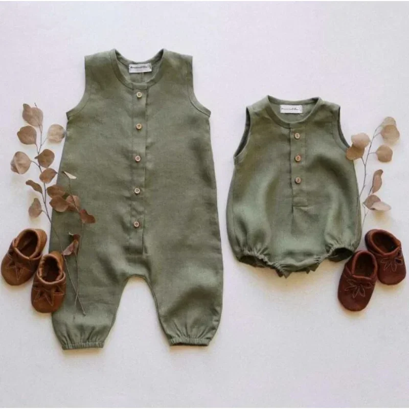 Summer Infant Baby Boys Girls Romper Cotton Linen Baby Jumpsuit Button Breasted Solid Sleeveless Kids Playsuit Clothes