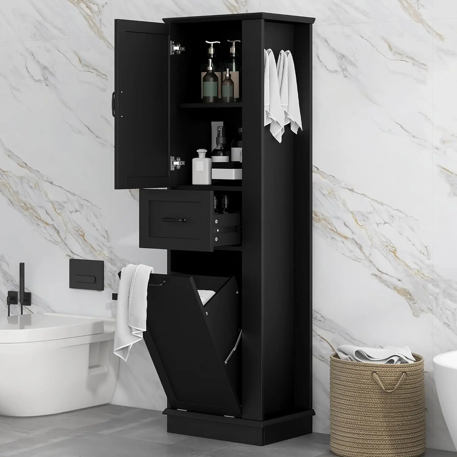 Tall Laundry Cabinet with Tilt Out Hamper, Wood Bathroom Storage Cabinet with Door,Drawer and Adjustable Shelves, Customized