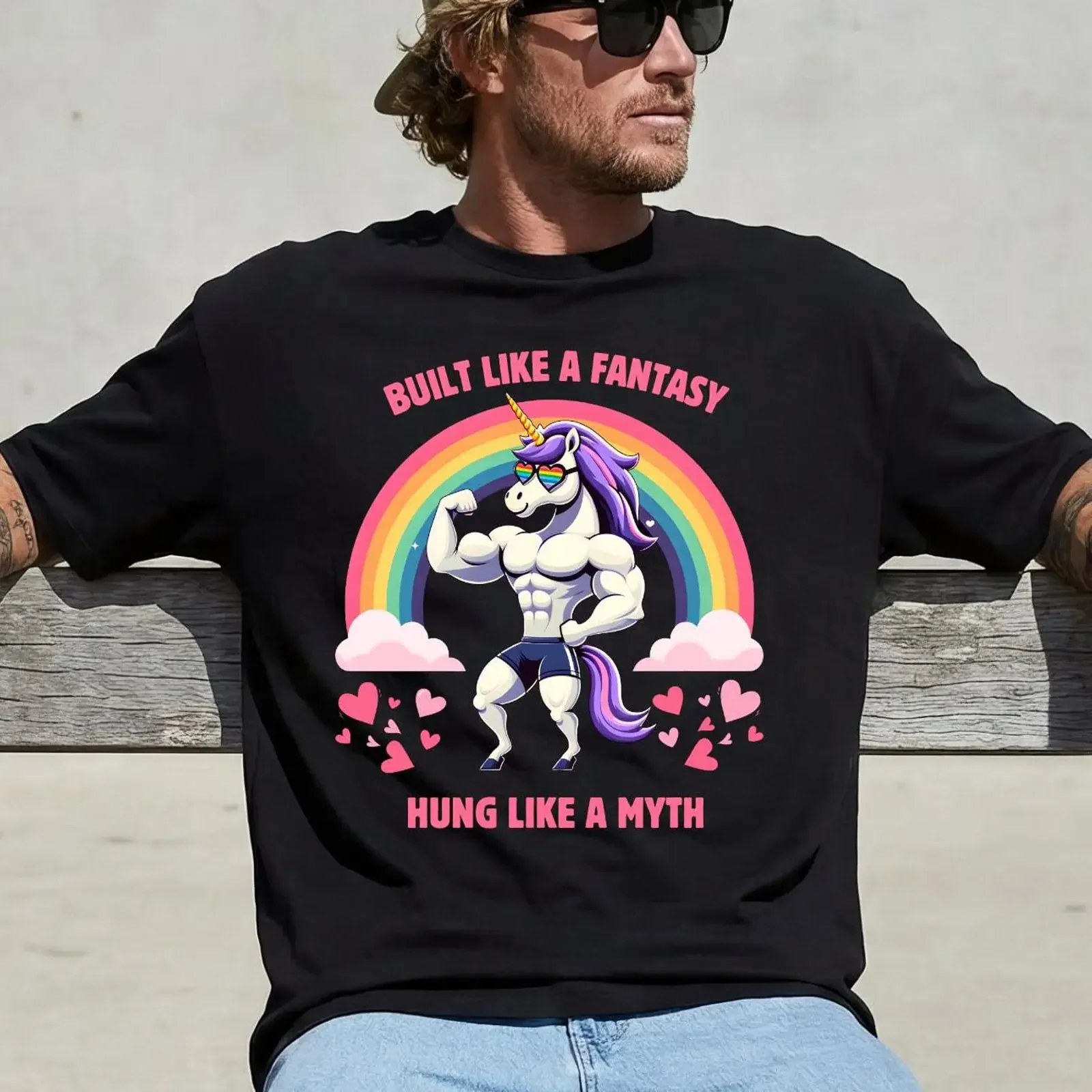 Funny Unicorn T Shirt Built Like Fantasy Hung Myth  vintage Washed Unisex Stylish Casual Top For Everyday Wear Stretched