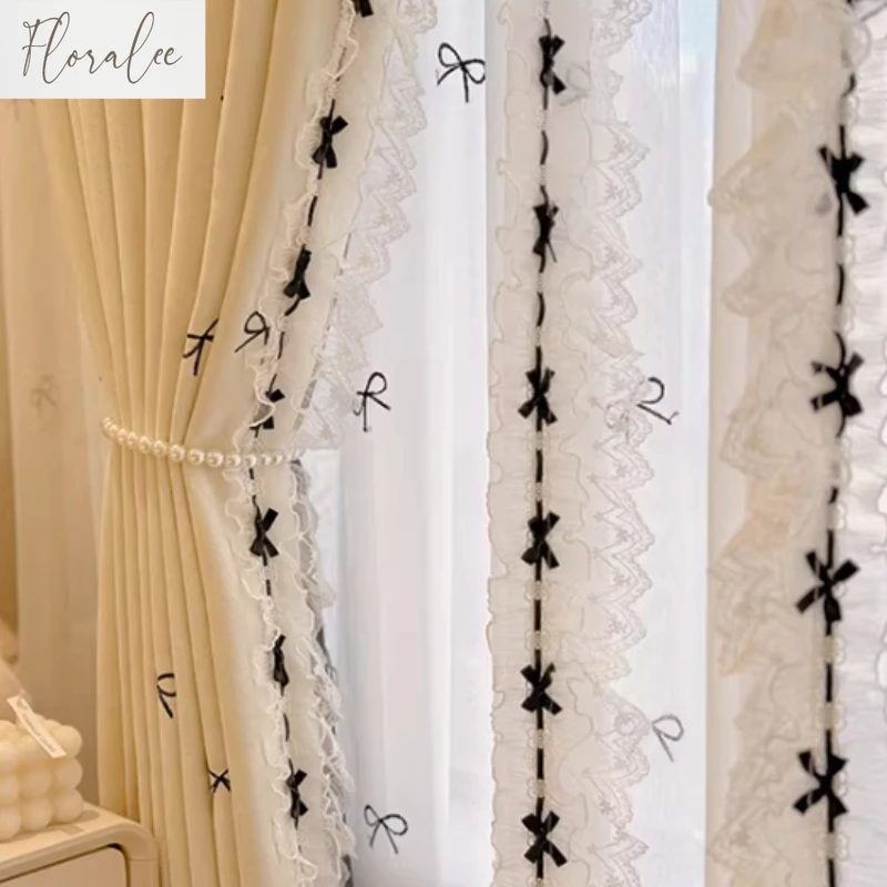 Elegant Special Lace Blackout Curtains for Princess Room, Lolita Bow, French Cream Embroidery Design Custom Size Modern Decor