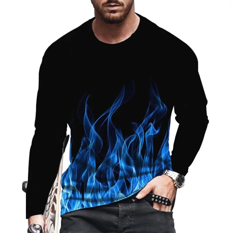 New European Pretty Flame Picture Men long sleeved T-shirt Casual Printed Tees Hip-hop Personality Round Neck Quick-Dry Tops