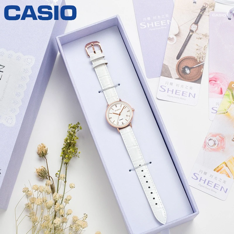 Casio SHE-4048PGL-7A Elegant Ladies Watch Slim  Case Crystal Markers 50M Waterproof Quartz Leather Wristwatch For Gift