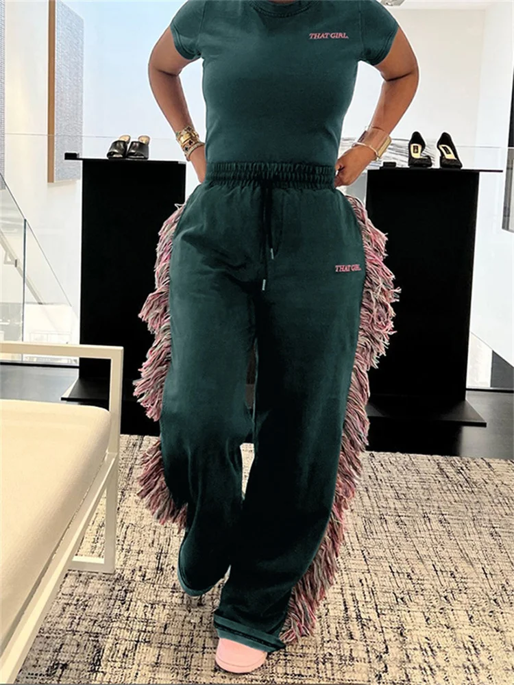 Whatiwear عادية بسيطة 2 قطعة مجموعة المرأة إلكتروني التطريز المحاصيل القمم + السراويل الملونة شرابة مطابقة الشارع الكلاسيكية رياضية
