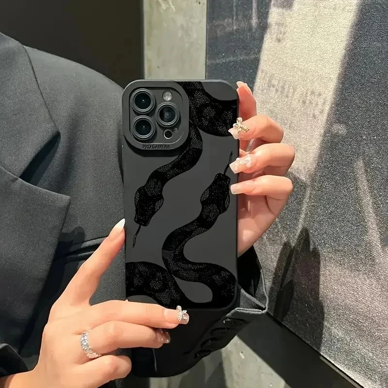 Black Snake Patterned Flower Print Phone Case For iPhone 16 15 14 13 12 11 Pro Max XR XS 7 8 Plus Y2K Anti Fall Cool Cover image 2