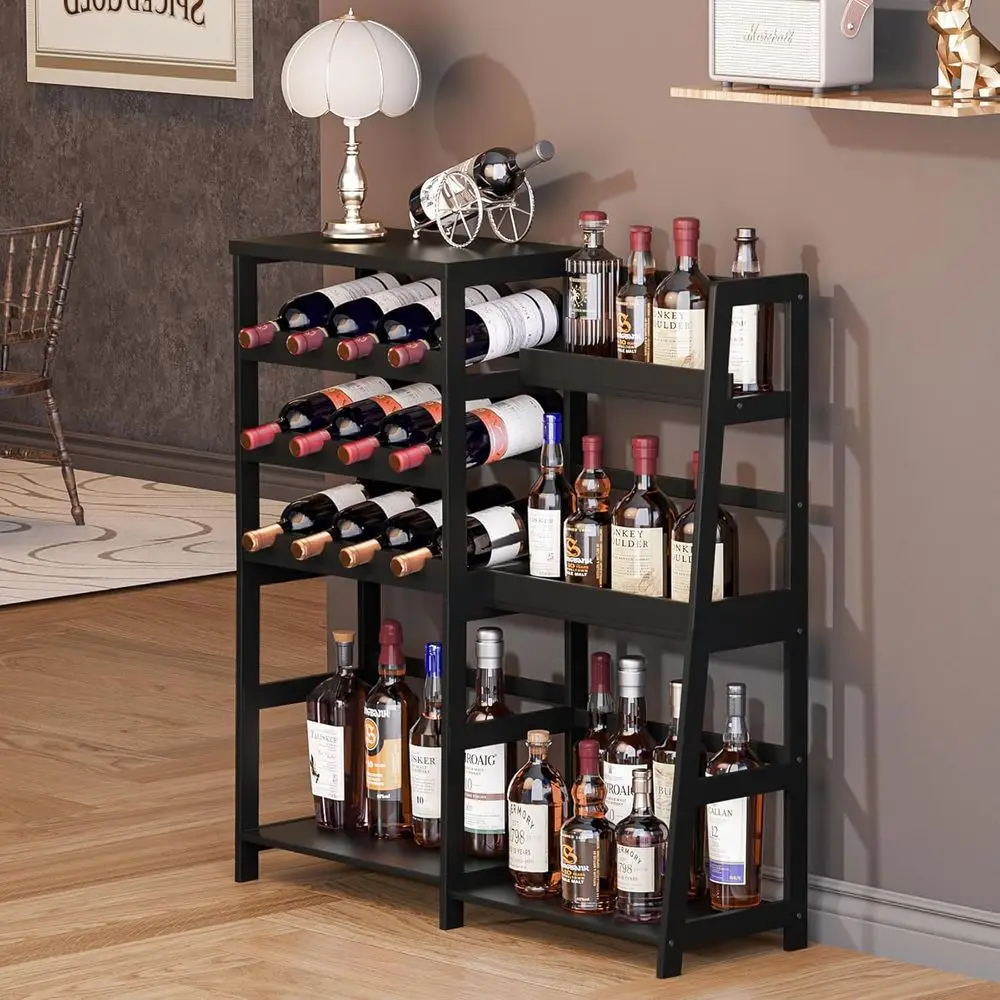 Compact Bamboo Liquor Shelf for Home Bar, Freestanding Wine Rack, Living Room Mini Bar Table, Black