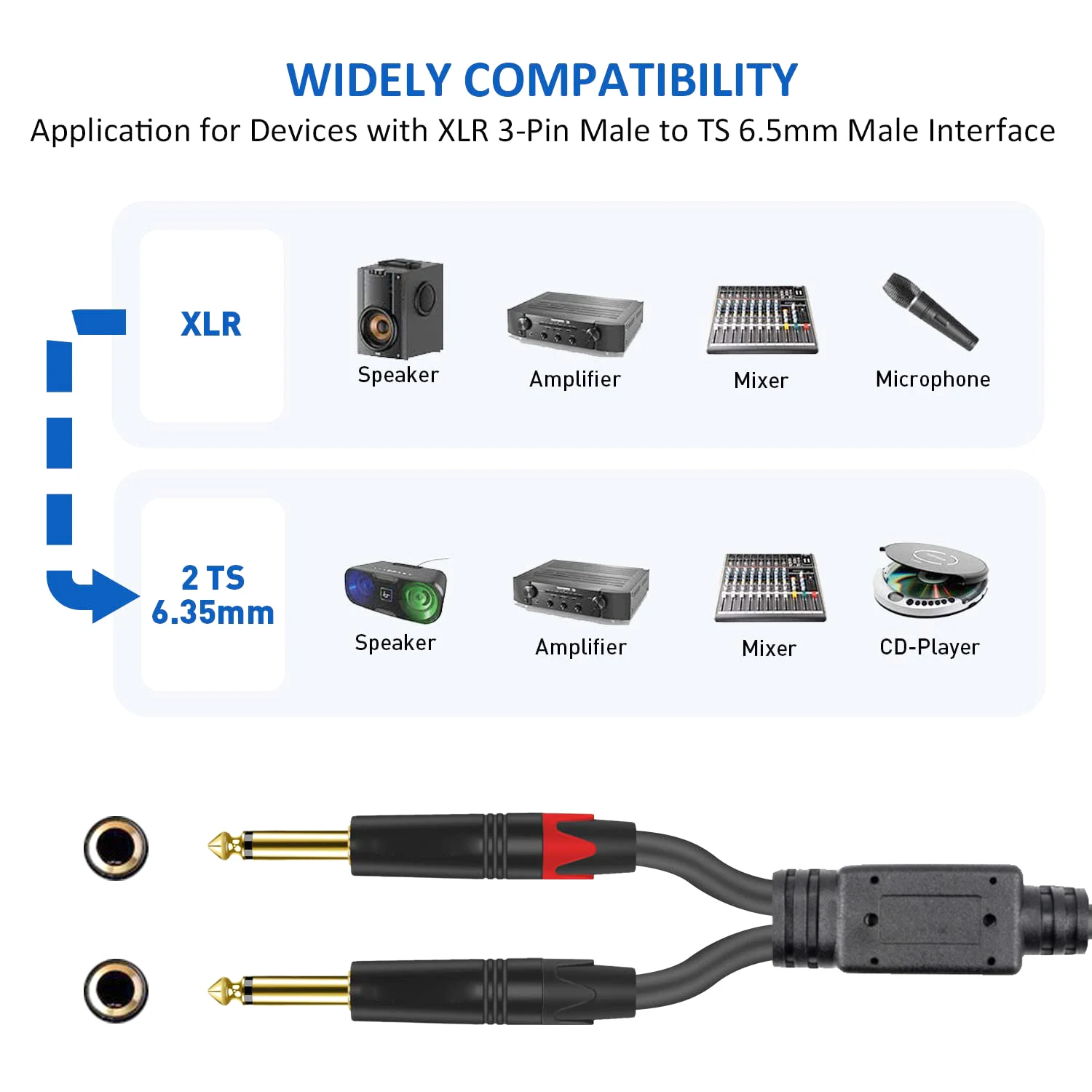 ORZERHOME-Cable de Audio Mono de 3 pines, conector XLR hembra a Dual de 6,35mm, TS 1/4 Jack, estéreo, Aux, enchufe de 6,35mm a XLR macho Y divisor