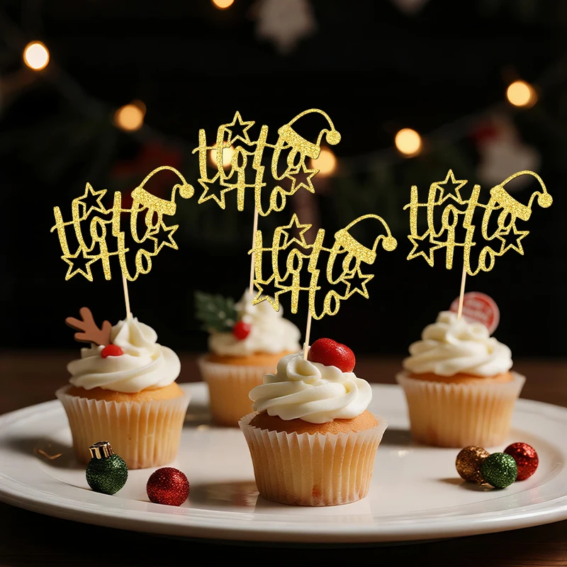 YOMDID 24 Stück glitzernde Ho Ho Ho Cupcake-Topper, Weihnachtsthema, Kuchendeckel mit Sternen und Weihnachtsmütze-Design, Party-Dekorationen