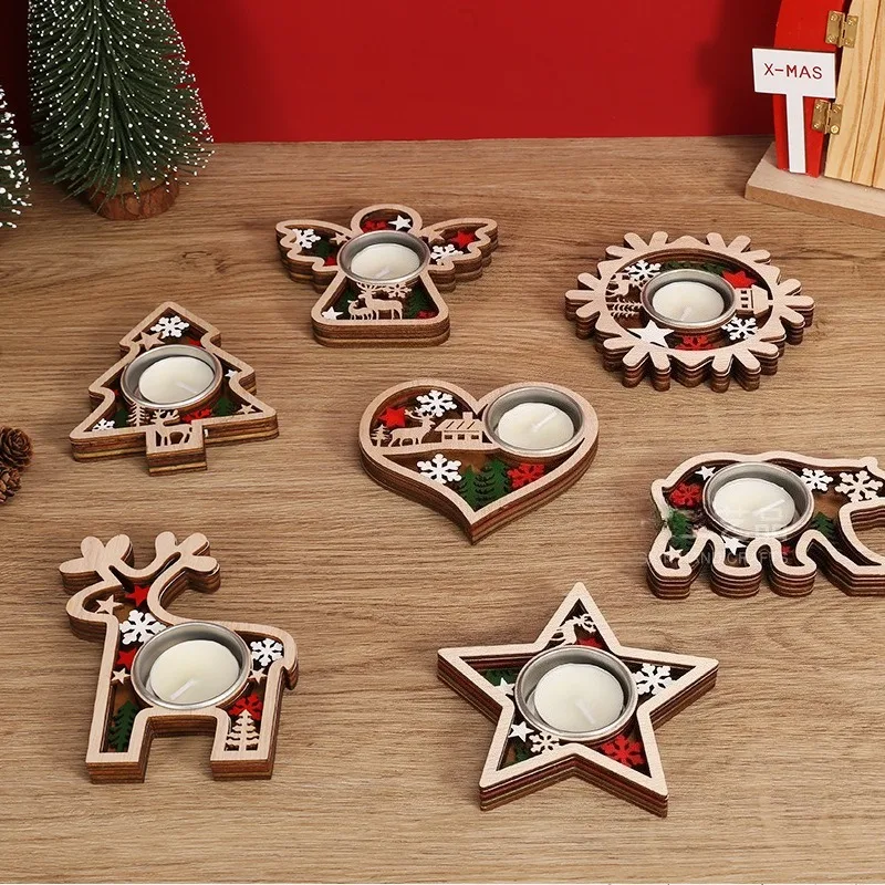 2PCS Christmas Tealight Candle Holder for Table Decor Festive Wooden Candle Holders for Christmas Home Celebration