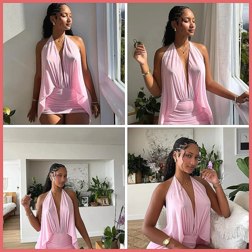 

Chic Pink Halter Mini Dress Deep V-Neck Sleeveless Ruched Bodycon Party Club Evening Dress (Characters: 74)