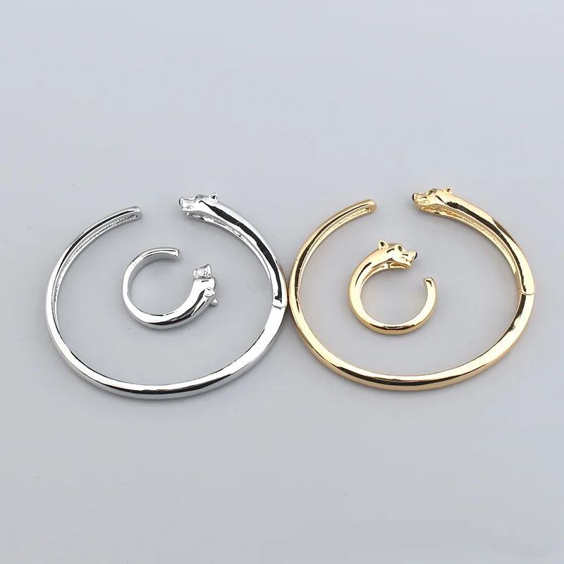 Europe America Fashion Style Men Women Lady Plated Gold Color Inlay Cubic Zircon Green Eyes Leopard Open Ring Bracelet