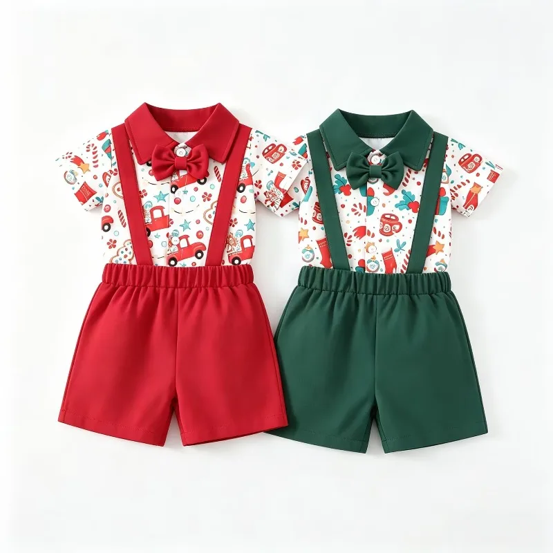 Newborn Infant Toddler Baby Boy Christmas Romper Outfit Set Red Green Truck Sock Candy Print Shirt With Bow Tie And Shorts 0 36M