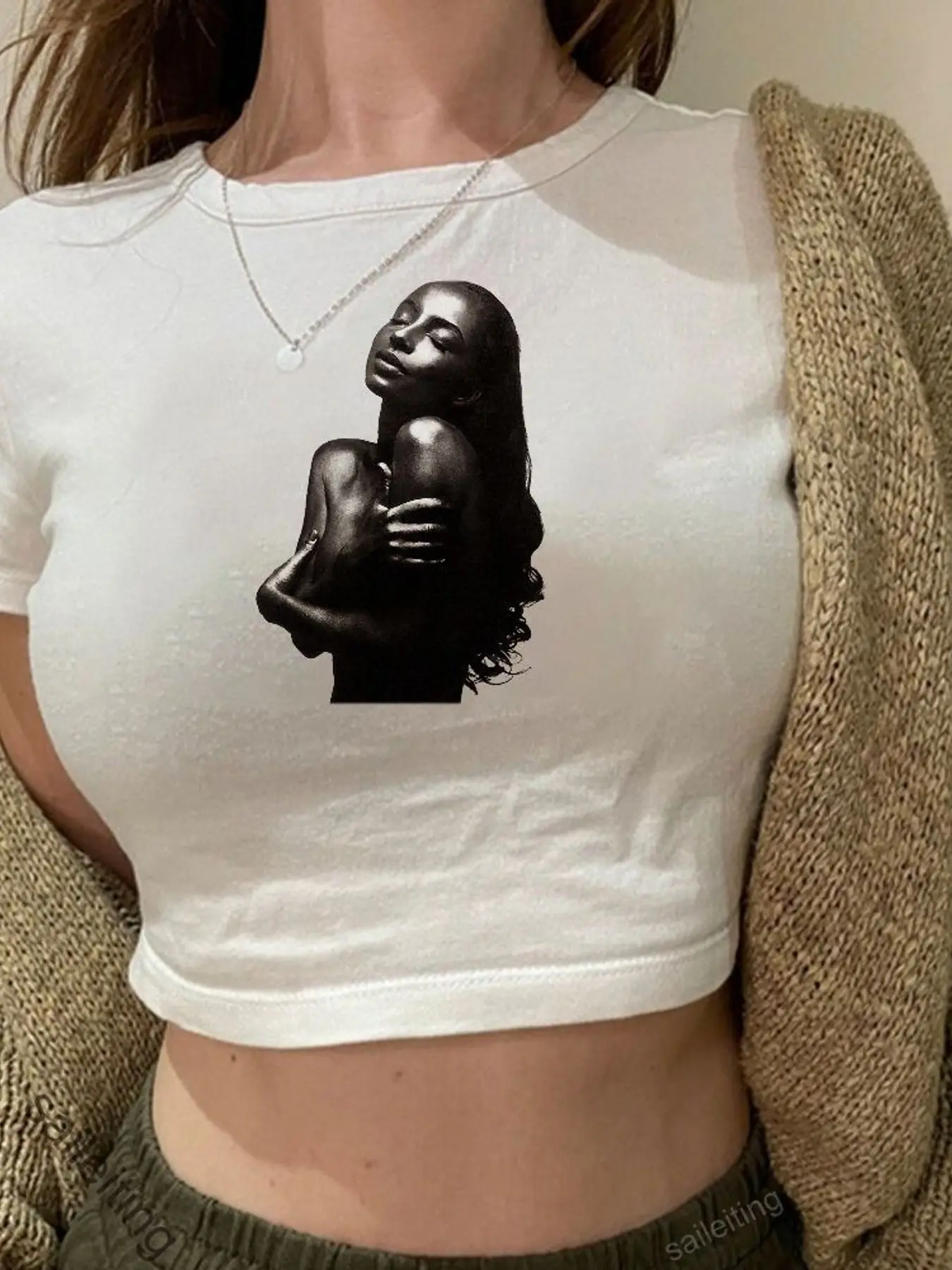Women's Graphic Print Crop Top - White Short Sleeve T-Shirt with Artistic Black-and-White Illustration, Stylish Self-Love Des