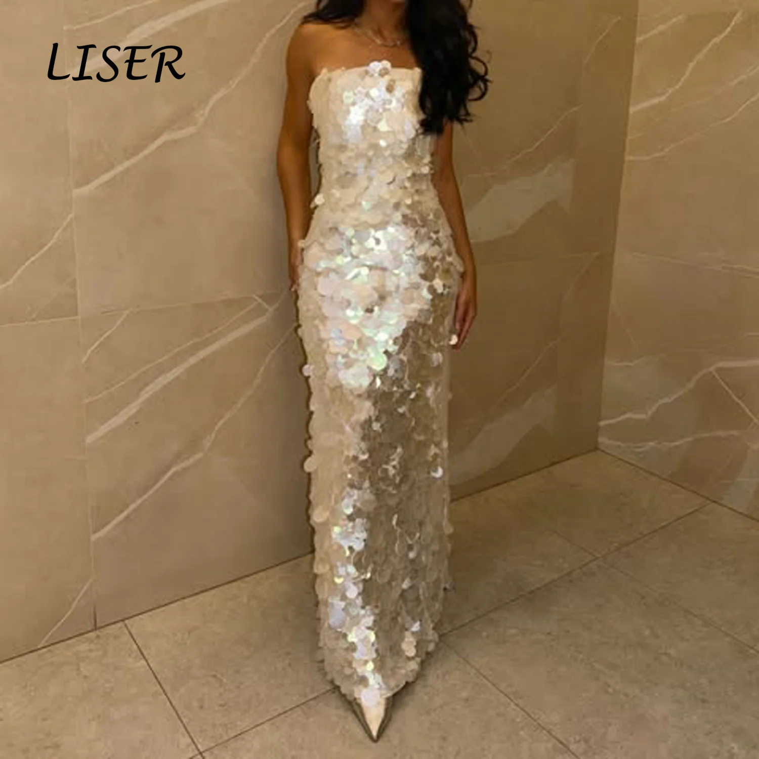 Liser Customize Ivory Strapless Big Sequin Mermaid Evening Dress Slim Fitted Silhouette Sparkly Club Wedding Guest Maxi Gown