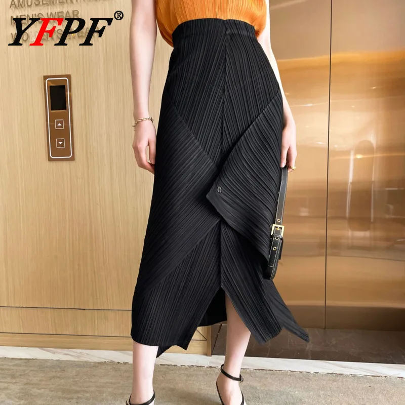

YFPF Fashion Miyake Pleated Women's Skirt Button Patchwork Design Solid Color A Line Long Elegant Skirts Casual 2026 New