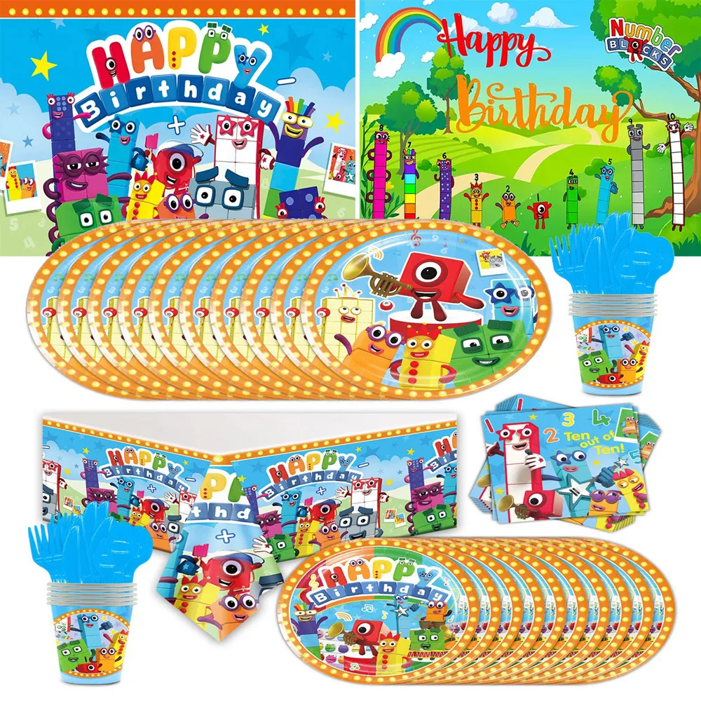 Cartoon Number Building Blocks Theme Birthday Party Decoration, Talheres descartáveis, copo, guardanapo, fundo do chuveiro do bebê, presentes infantis