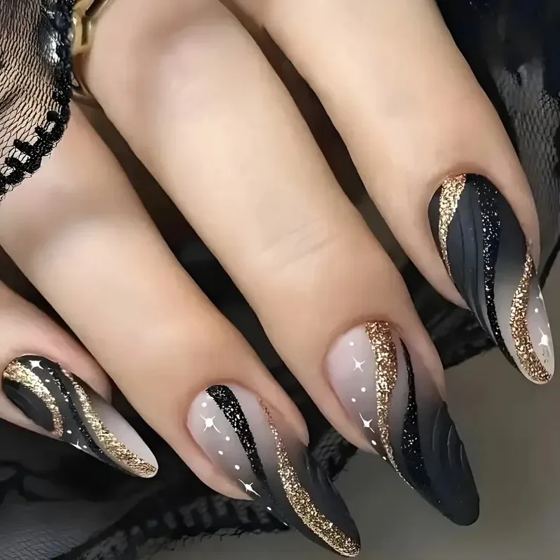 

24PCS French Glitter Lines with Medium Almond Black Press on Nails Shimmering Press on Nails Ballerina Girl Style Nails