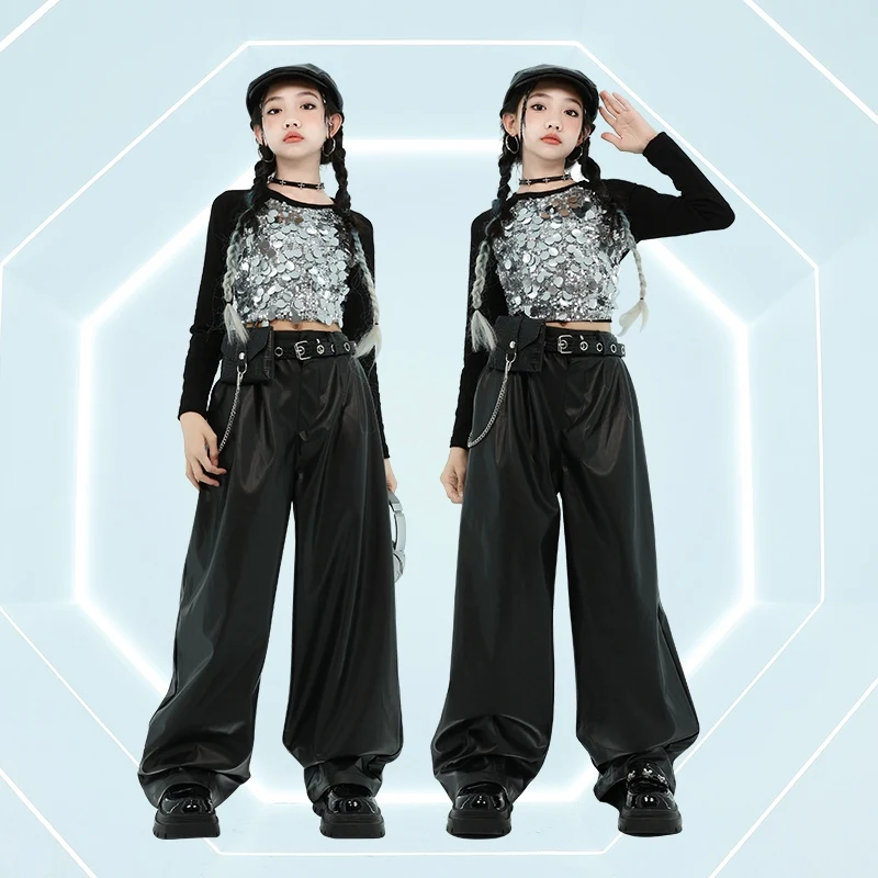 Modern Jazz Dance Costume Girls Sequin Long Sleeves Tops Black Pants For Kids Street Dance Hip Hop Clothing Stage Wear BL13780
